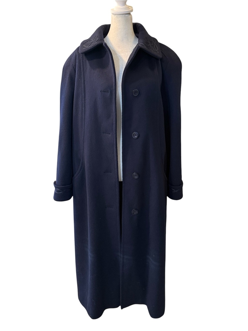 Vintage Fen-nelli Pure Virgin Wool Navy Maxi Coat Embroidered Victorian